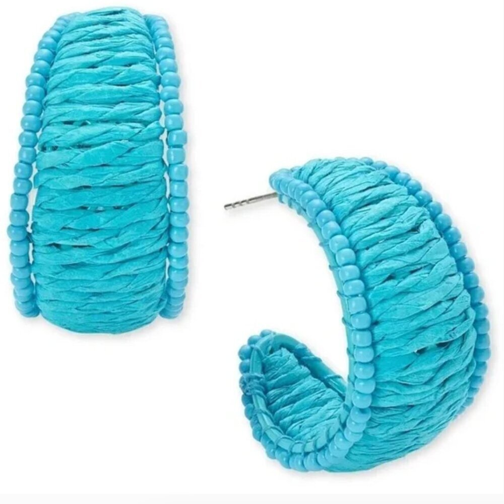 On 34th Raffia Earrings Silver Tone Medium Color Seed Bead & Raffia C-Hoop NWT